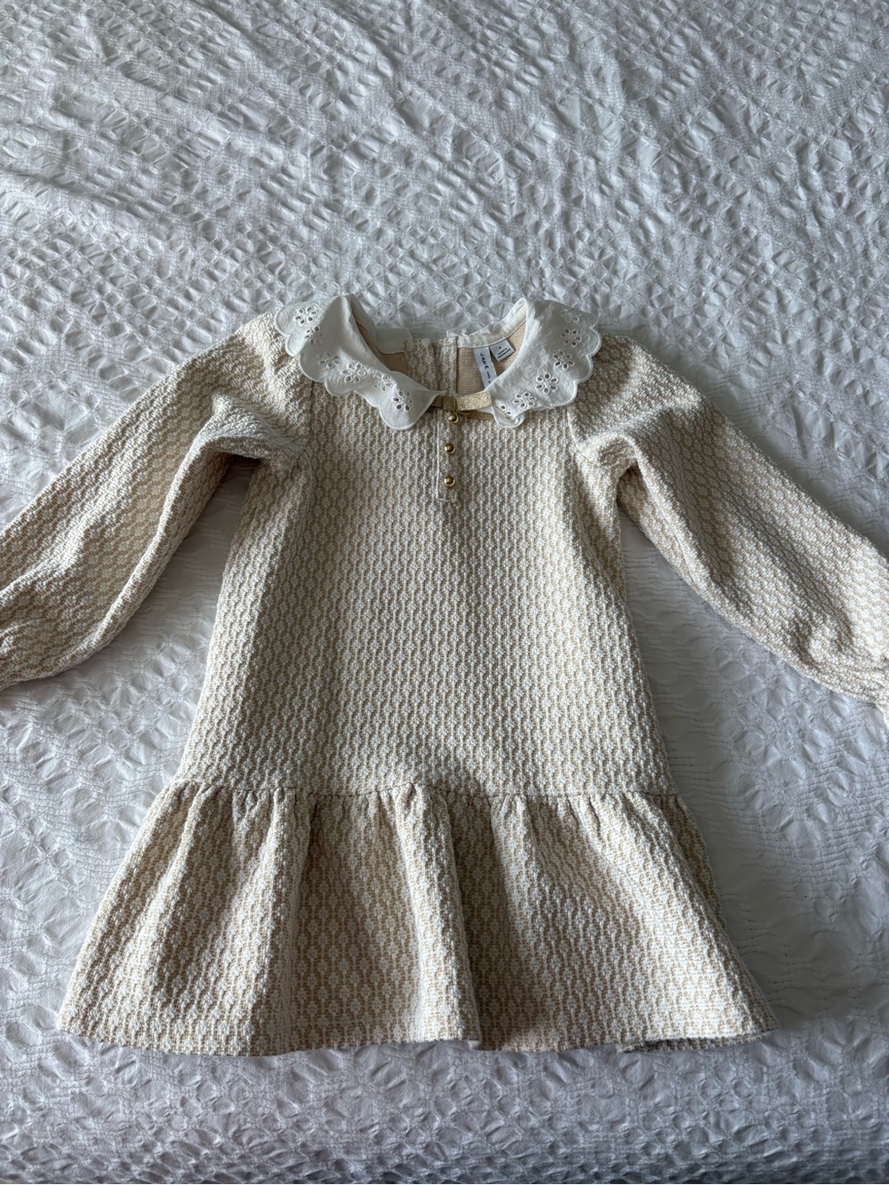 Janie and Jack Cream Textured Long-Sleeve Dress with Peter Pan Collar Size 4